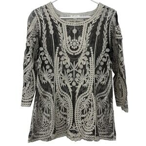 Ultra Pink Size S Sheer Black Metallic Embroidered Top Dark Fairy Grunge Blouse